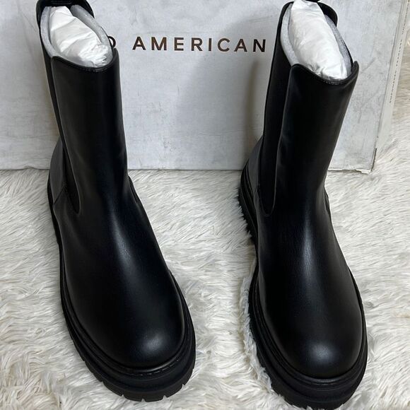 Good American Chelsea Black Leather Pull on Platform Boots New Size 12 - Picture 2 of 8
